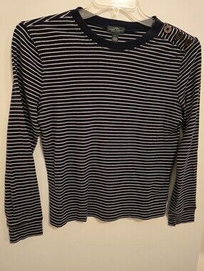 Lauren Ralph Lauren Black & White Striped Long-Sleeve Button-Shoulder Crew